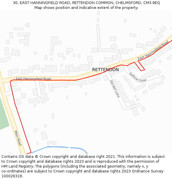 30, EAST HANNINGFIELD ROAD, RETTENDON COMMON, CHELMSFORD, CM3 8EQ: Location map and indicative extent of plot