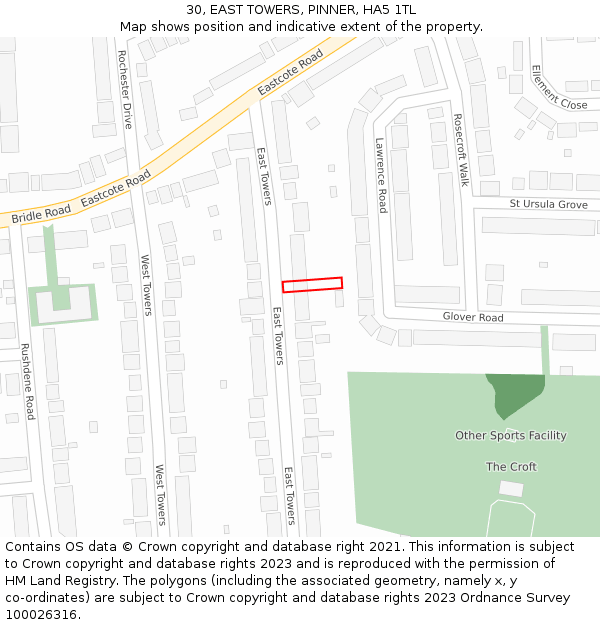 30, EAST TOWERS, PINNER, HA5 1TL: Location map and indicative extent of plot