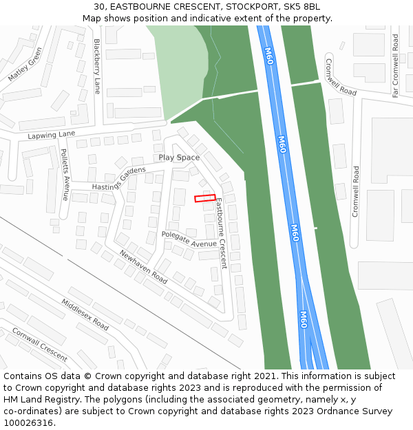 30, EASTBOURNE CRESCENT, STOCKPORT, SK5 8BL: Location map and indicative extent of plot