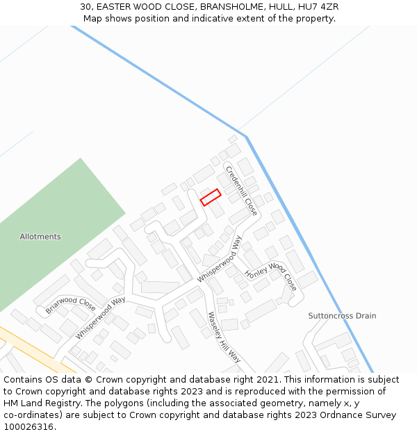 30, EASTER WOOD CLOSE, BRANSHOLME, HULL, HU7 4ZR: Location map and indicative extent of plot