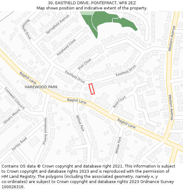 30, EASTFIELD DRIVE, PONTEFRACT, WF8 2EZ: Location map and indicative extent of plot