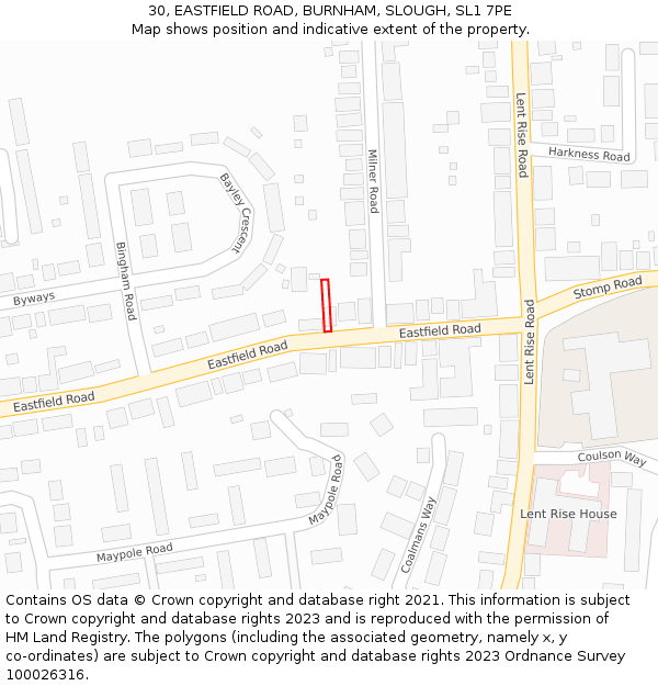 30, EASTFIELD ROAD, BURNHAM, SLOUGH, SL1 7PE: Location map and indicative extent of plot