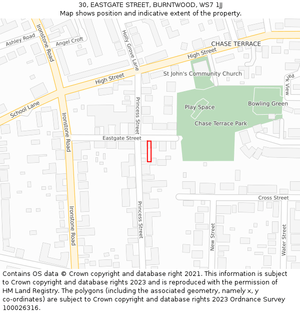 30, EASTGATE STREET, BURNTWOOD, WS7 1JJ: Location map and indicative extent of plot