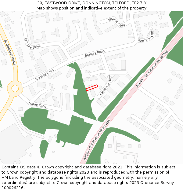 30, EASTWOOD DRIVE, DONNINGTON, TELFORD, TF2 7LY: Location map and indicative extent of plot