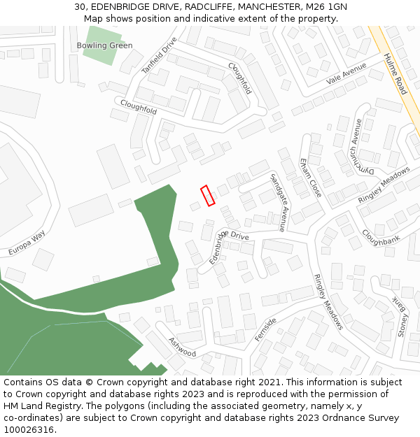 30, EDENBRIDGE DRIVE, RADCLIFFE, MANCHESTER, M26 1GN: Location map and indicative extent of plot