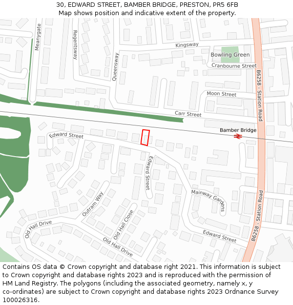 30, EDWARD STREET, BAMBER BRIDGE, PRESTON, PR5 6FB: Location map and indicative extent of plot