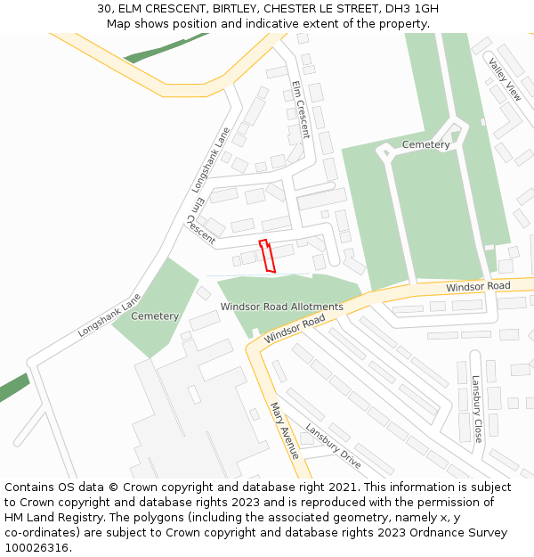 30, ELM CRESCENT, BIRTLEY, CHESTER LE STREET, DH3 1GH: Location map and indicative extent of plot