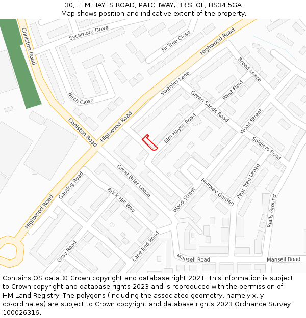 30, ELM HAYES ROAD, PATCHWAY, BRISTOL, BS34 5GA: Location map and indicative extent of plot