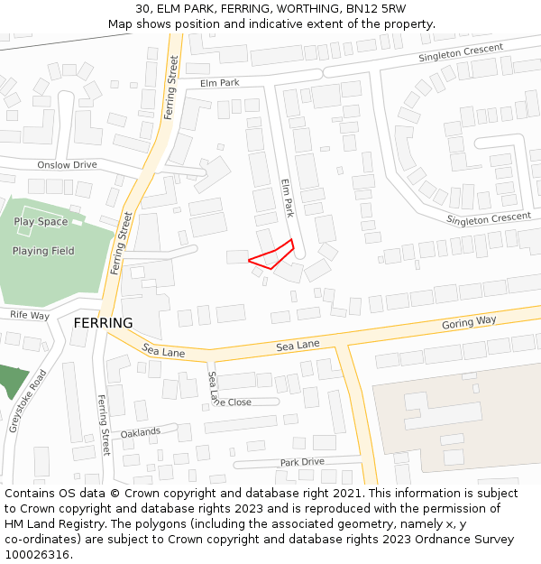 30, ELM PARK, FERRING, WORTHING, BN12 5RW: Location map and indicative extent of plot