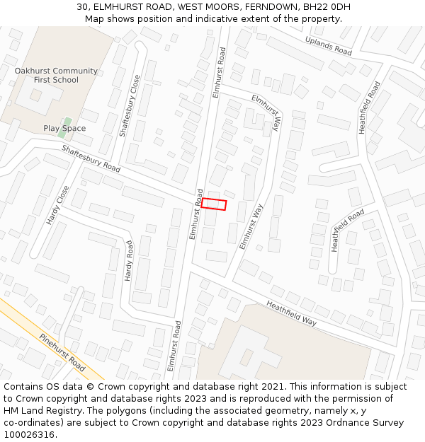 30, ELMHURST ROAD, WEST MOORS, FERNDOWN, BH22 0DH: Location map and indicative extent of plot