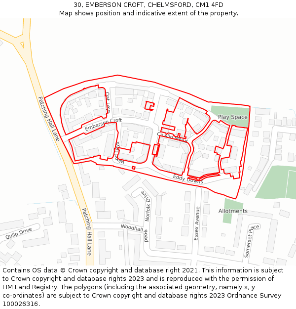 30, EMBERSON CROFT, CHELMSFORD, CM1 4FD: Location map and indicative extent of plot