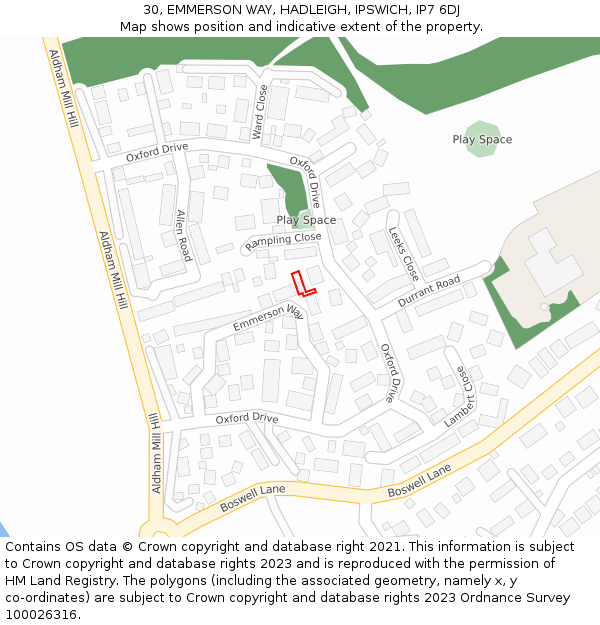 30, EMMERSON WAY, HADLEIGH, IPSWICH, IP7 6DJ: Location map and indicative extent of plot