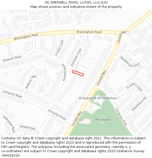 30, ERESWELL ROAD, LUTON, LU3 2UH: Location map and indicative extent of plot