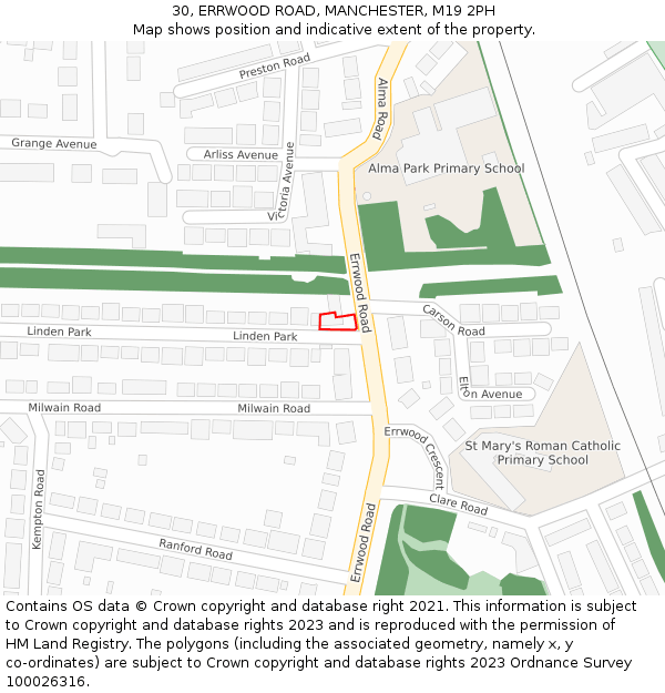 30, ERRWOOD ROAD, MANCHESTER, M19 2PH: Location map and indicative extent of plot