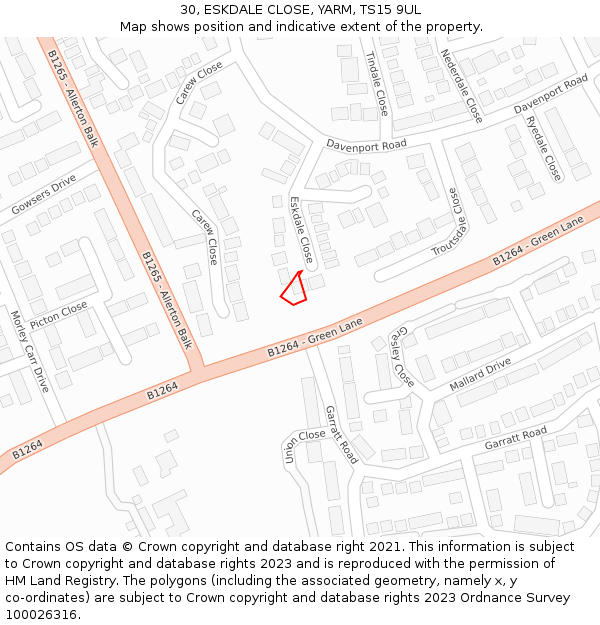 30, ESKDALE CLOSE, YARM, TS15 9UL: Location map and indicative extent of plot