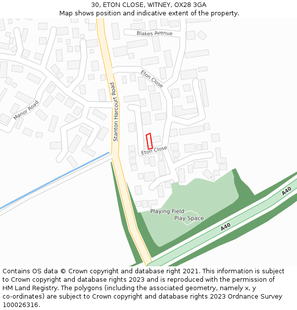 30, ETON CLOSE, WITNEY, OX28 3GA: Location map and indicative extent of plot