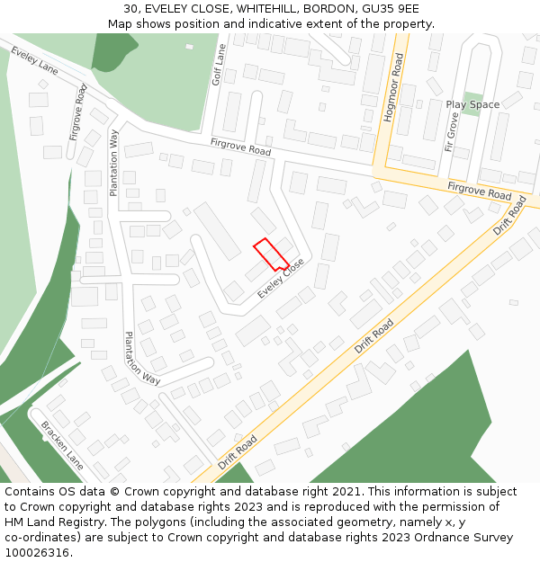 30, EVELEY CLOSE, WHITEHILL, BORDON, GU35 9EE: Location map and indicative extent of plot