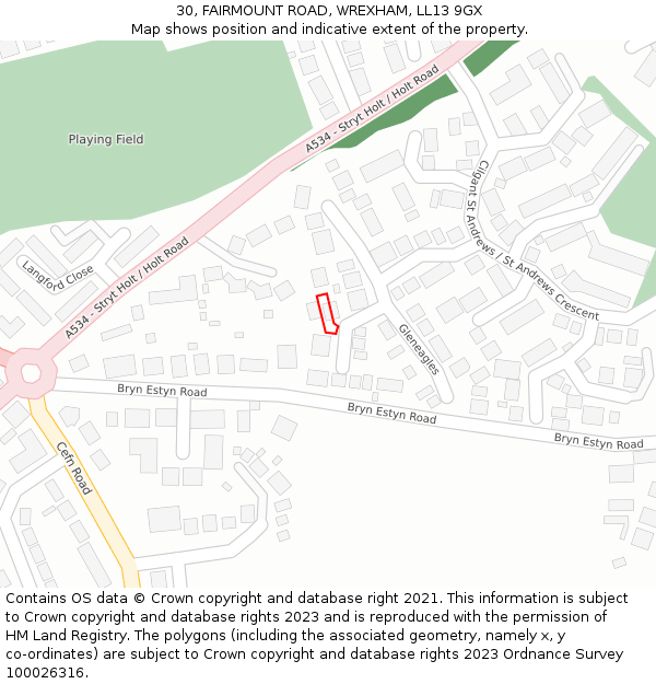 30, FAIRMOUNT ROAD, WREXHAM, LL13 9GX: Location map and indicative extent of plot