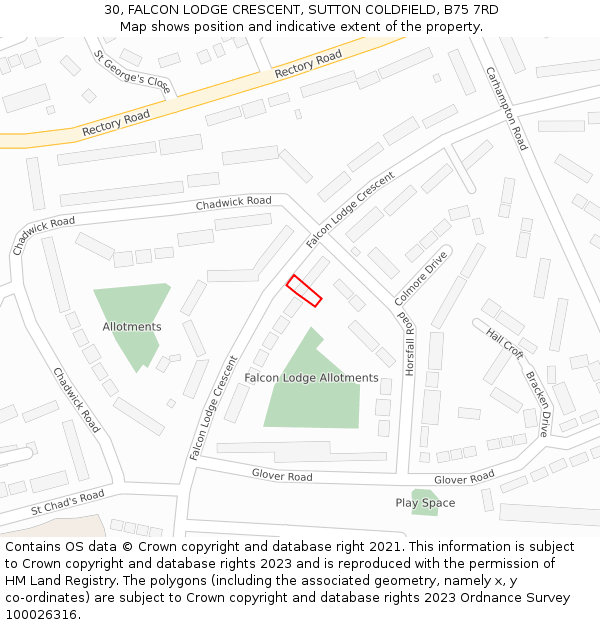 30, FALCON LODGE CRESCENT, SUTTON COLDFIELD, B75 7RD: Location map and indicative extent of plot