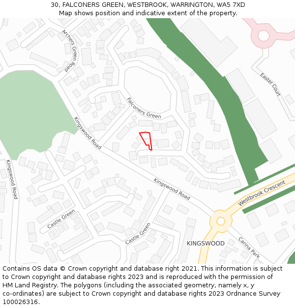 30, FALCONERS GREEN, WESTBROOK, WARRINGTON, WA5 7XD: Location map and indicative extent of plot