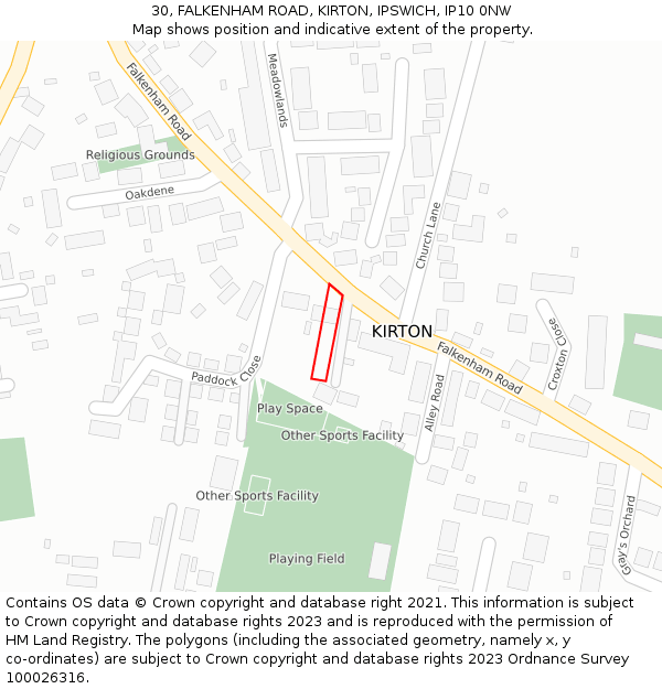 30, FALKENHAM ROAD, KIRTON, IPSWICH, IP10 0NW: Location map and indicative extent of plot