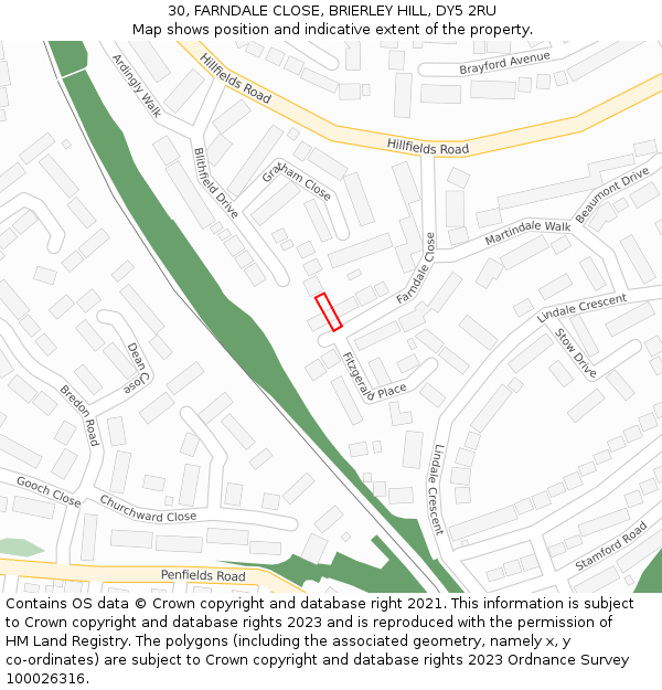 30, FARNDALE CLOSE, BRIERLEY HILL, DY5 2RU: Location map and indicative extent of plot