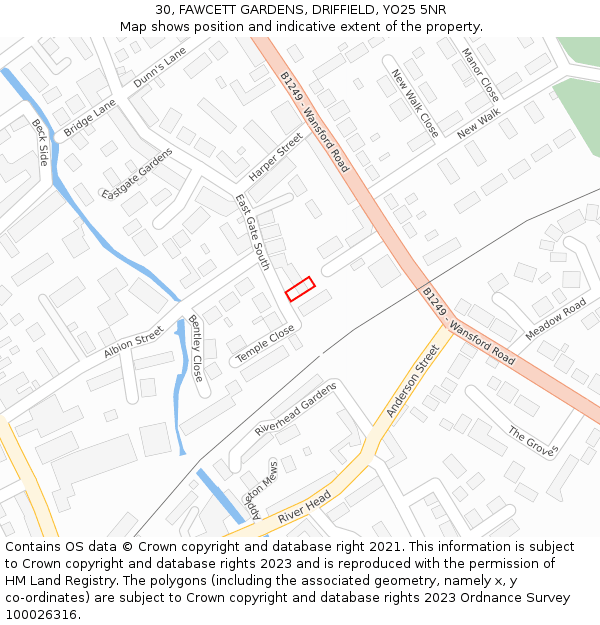 30, FAWCETT GARDENS, DRIFFIELD, YO25 5NR: Location map and indicative extent of plot