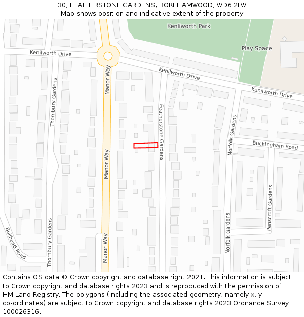 30, FEATHERSTONE GARDENS, BOREHAMWOOD, WD6 2LW: Location map and indicative extent of plot