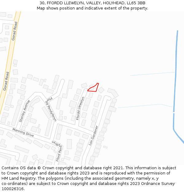 30, FFORDD LLEWELYN, VALLEY, HOLYHEAD, LL65 3BB: Location map and indicative extent of plot