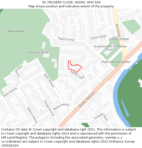 30, FIELDERS CLOSE, WIGAN, WN3 5AX: Location map and indicative extent of plot