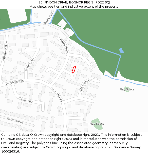 30, FINDON DRIVE, BOGNOR REGIS, PO22 6QJ: Location map and indicative extent of plot