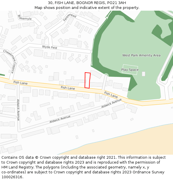 30, FISH LANE, BOGNOR REGIS, PO21 3AH: Location map and indicative extent of plot