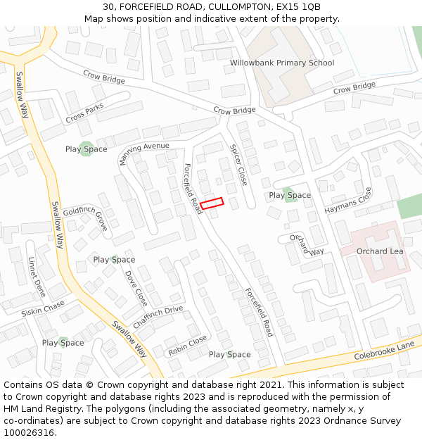 30, FORCEFIELD ROAD, CULLOMPTON, EX15 1QB: Location map and indicative extent of plot