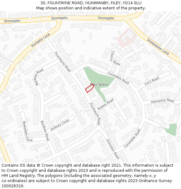 30, FOUNTAYNE ROAD, HUNMANBY, FILEY, YO14 0LU: Location map and indicative extent of plot