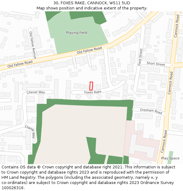 30, FOXES RAKE, CANNOCK, WS11 5UD: Location map and indicative extent of plot