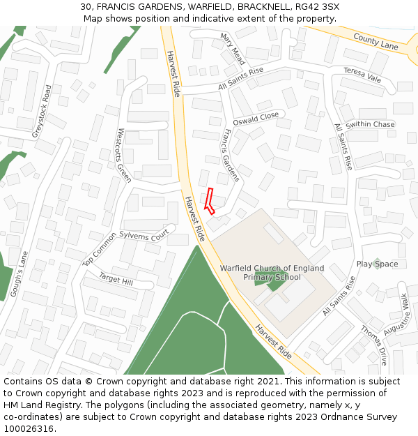 30, FRANCIS GARDENS, WARFIELD, BRACKNELL, RG42 3SX: Location map and indicative extent of plot