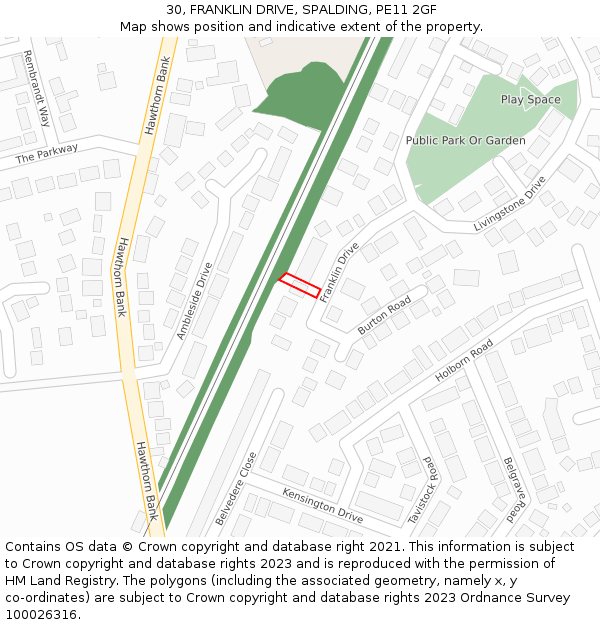 30, FRANKLIN DRIVE, SPALDING, PE11 2GF: Location map and indicative extent of plot
