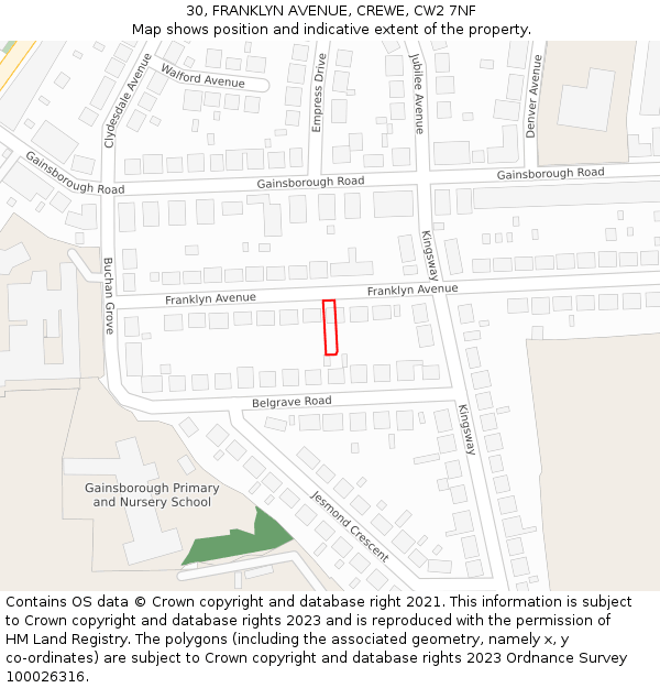 30, FRANKLYN AVENUE, CREWE, CW2 7NF: Location map and indicative extent of plot