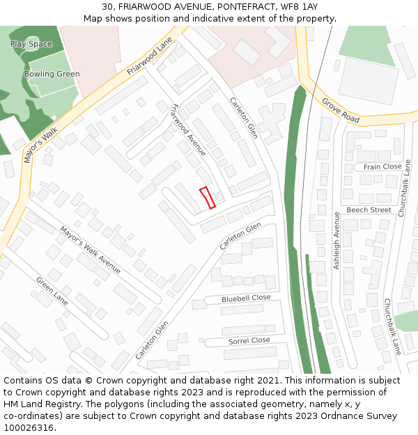 30, FRIARWOOD AVENUE, PONTEFRACT, WF8 1AY: Location map and indicative extent of plot