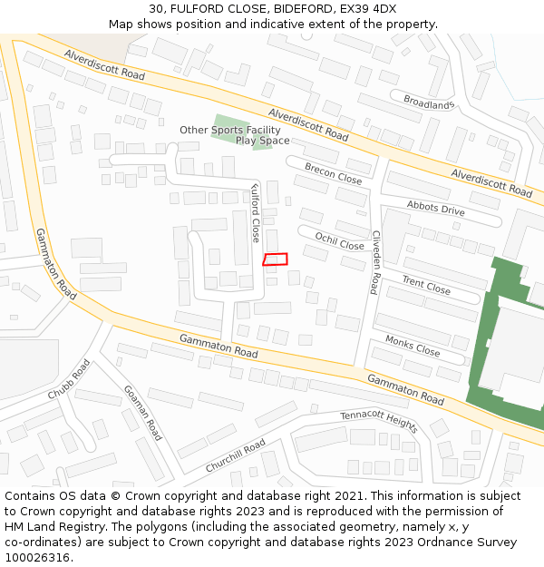 30, FULFORD CLOSE, BIDEFORD, EX39 4DX: Location map and indicative extent of plot