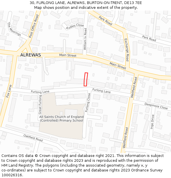 30, FURLONG LANE, ALREWAS, BURTON-ON-TRENT, DE13 7EE: Location map and indicative extent of plot