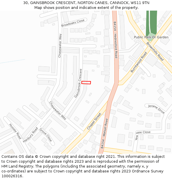 30, GAINSBROOK CRESCENT, NORTON CANES, CANNOCK, WS11 9TN: Location map and indicative extent of plot