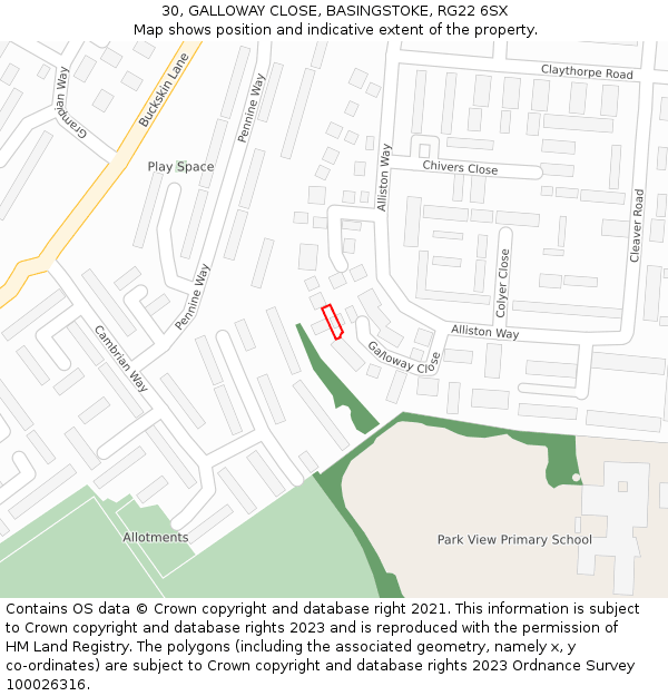 30, GALLOWAY CLOSE, BASINGSTOKE, RG22 6SX: Location map and indicative extent of plot