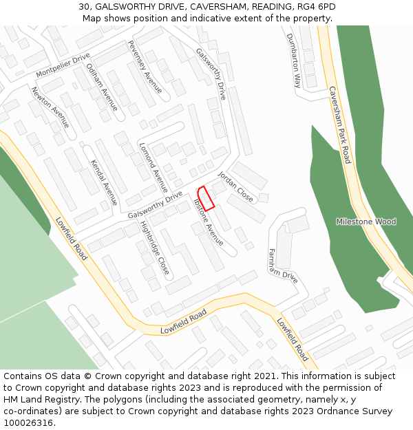 30, GALSWORTHY DRIVE, CAVERSHAM, READING, RG4 6PD: Location map and indicative extent of plot