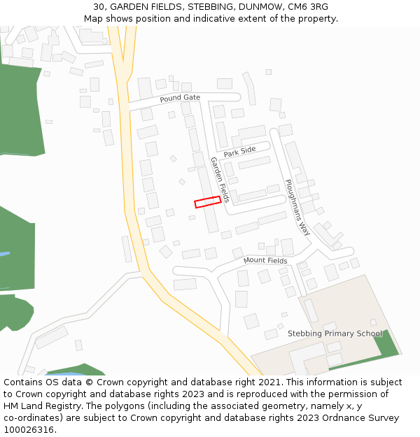 30, GARDEN FIELDS, STEBBING, DUNMOW, CM6 3RG: Location map and indicative extent of plot