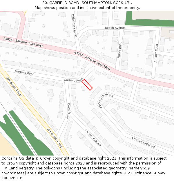 30, GARFIELD ROAD, SOUTHAMPTON, SO19 4BU: Location map and indicative extent of plot