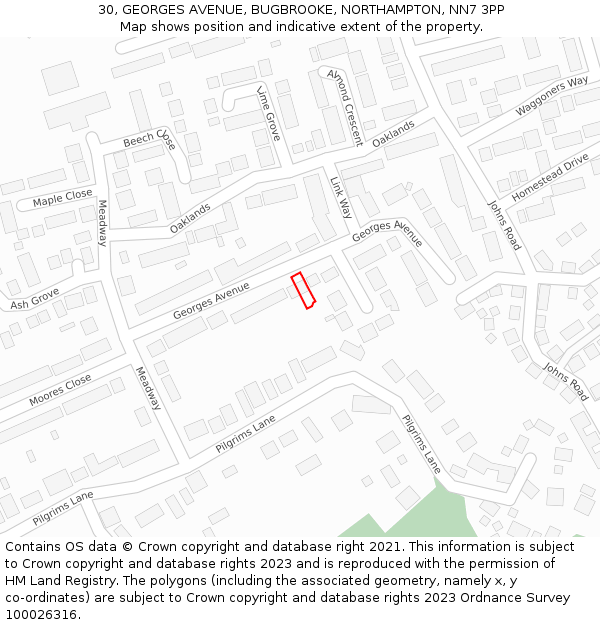 30, GEORGES AVENUE, BUGBROOKE, NORTHAMPTON, NN7 3PP: Location map and indicative extent of plot