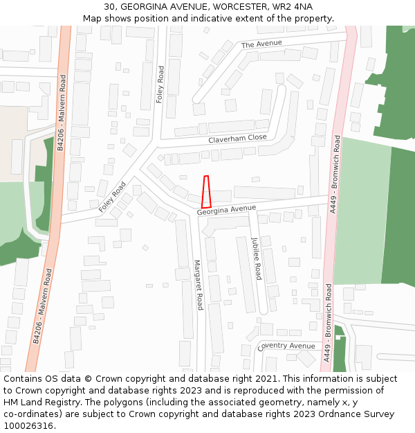 30, GEORGINA AVENUE, WORCESTER, WR2 4NA: Location map and indicative extent of plot