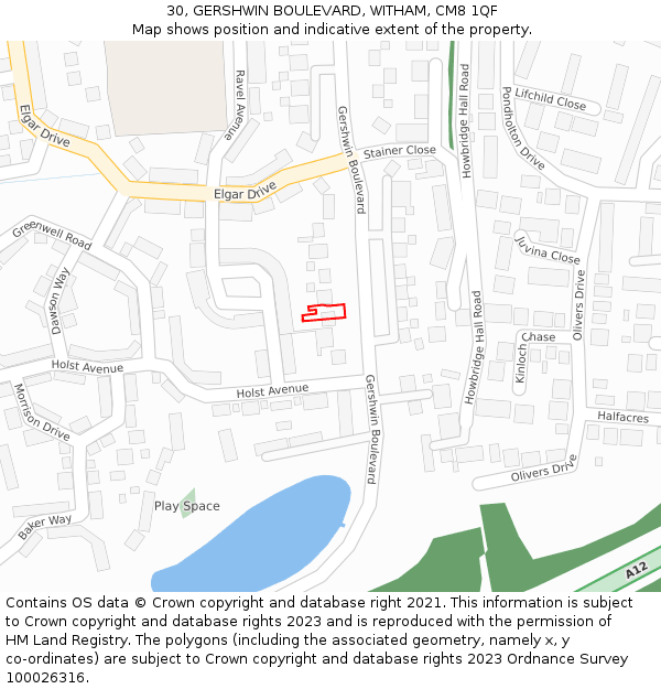 30, GERSHWIN BOULEVARD, WITHAM, CM8 1QF: Location map and indicative extent of plot