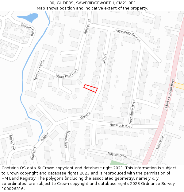 30, GILDERS, SAWBRIDGEWORTH, CM21 0EF: Location map and indicative extent of plot